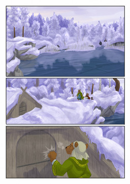 ambiguous_gender anthro biped brown_body brown_fur building clothed clothing cloud cloudy_sky day door female fur group holding_object house knocking knocking_on_door outside plant sky smile snow tree trio bjekkergauken herja_(bjekkergauken) hillevi nanna_(bjekkergauken) bear brown_bear mammal suid suine sus_(pig) ursine wild_boar 2025 colored comic hi_res