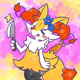 accessory ambiguous_anthro ambiguous_gender anthro blush blush_stickers bow_ribbon closed_smile dipstick_tail flower flower_in_hair food hair hair_accessory hair_bow hair_ribbon head_tilt holding_knife holding_object knife looking_at_viewer markings mouth_closed object_in_tail on_one_leg one_eye_closed plant ribbons shrimp_(food) side_view simple_background smile snout solo sparkles standing tail tail_markings tongue tongue_out wink winking_at_viewer annyui0611 nintendo pokemon braixen canid generation_6_pokemon mammal pokemon_(species) 1:1 2024 digital_drawing_(artwork) digital_media_(artwork) hi_res japanese_description portrait three-quarter_portrait translated_description