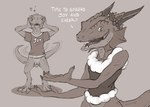 2023 anthro bottomless bottomless_anthro bottomless_female christmas claws clothed clothing dialogue duo female flamespitter genitals holidays horn kobold looking_at_viewer pussy scalie shirt shirt_only surprise tail text topwear topwear_only
