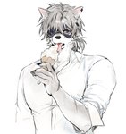 anthro clothing ear_piercing eating eating_food eating_ice_cream eye_patch eyewear fur hair licking_ice_cream male piercing purple_eyes scar shirt solo topwear white_body white_fur hamjjick_0c2 canid mammal 2023 hi_res