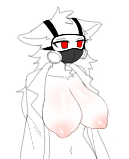 anthro big_breasts breasts crossgender female fur gas_mask mask nipples red_eyes solo white_body white_fur patto_pib changed_(video_game) dr._k_(changed) felid feline mammal hi_res