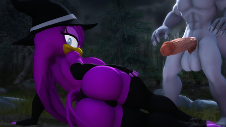 anthro balls big_balls big_breasts big_butt big_penis blue_eyes bodily_fluids breasts butt clothing dripping duo erection female forest forest_background fur genital_fluids genitals gloves grey_body grey_fur hair handwear hat headgear headwear holidays imminent_sex legwear long_hair looking_at_viewer lying male male/female muscular muscular_male nature nature_background night nude on_side outside penis plant precum precum_drip purple_body purple_skin sitting smile standing stockings tree white_body white_fur witch_costume witch_hat juicyducksfm halloween sega sonic_riders sonic_the_hedgehog_(series) adam_(juicyducksfm) fan_character wave_the_swallow avian bird canid canine canis hirundinid mammal oscine passerine swallow_(bird) wolf 3d_(artwork) digital_media_(artwork) hi_res source_filmmaker_(artwork)