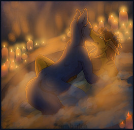 anthro anthro_on_anthro bath biped blue_body blue_border blue_fur border candle detailed_background duo erection fire fur genitals hair hand_on_head head_grab horn kissing male male/male nude partially_submerged penis romantic romantic_ambiance steam tail water zambuka mythology canid canine canis dragon mammal mythological_creature mythological_scalie scalie wolf digital_media_(artwork) portrait three-quarter_portrait warm_colors watermark