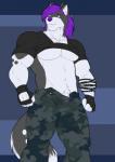 abs abstract_background anthro athletic biceps big_muscles biped blue_background blue_eyes bottomwear bulge clothed clothing clothing_lift fur genitals gloves grey_body grey_fur hair handwear horn leather leather_strap male manly markings muscular muscular_anthro muscular_male pants pecs penis penis_base pose purple_hair purple_nose purple_penis shirt shirt_lift simple_background smile solo spots standing straps topwear white_body white_fur kartos lesterhusky canid canine canis domestic_dog husky mammal nordic_sled_dog spitz hi_res