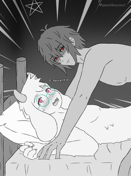 ambiguous_gender anthro anthro_on_bottom bed bed_sheet bedding bedroom blush blush_lines blushing_profusely caught_in_the_act dialogue duo embarrassed eyewear eyewear_only femboy fur furniture glasses glasses_only horn human_on_anthro human_on_top interspecies long_ears male male/ambiguous male_anthro nude on_bottom on_top open_mouth pillow pink_eyes red_eyes simple_background smile smirk speech_bubble surprised text wearing_glasses white_body white_fur peachboysmut deltarune undertale_(series) kris_dreemurr ralsei bovid caprine darkner goat human mammal 2026 absurd_res comic english_text greyscale hi_res monochrome nonbinary_(lore)