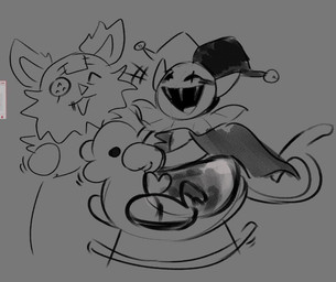 anthro clothed clothing diaper duo fur hat headgear headwear jester male rocking_horse simple_background smile wearing_diaper creaknsqueak deltarune undertale_(series) jevil_(deltarune) seam_(deltarune) darkner domestic_cat felid feline felis mammal digital_media_(artwork)