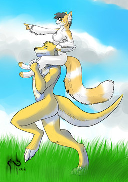 anthro black_nose blue_sky breasts carrying_another claws closed_smile cloud day duo eyewear featureless_breasts female female_anthro fur gesture glasses grass grey_hair hair hand_gesture head_tuft inner_ear_fluff male male_anthro mouth_closed nude on_shoulders outside plant pointing short_hair side_view size_difference sky slim_anthro slim_female slim_male smaller_female smile tuft wearing_glasses white_body white_claws white_fur white_inner_ear_fluff yellow_body yellow_fur hufnaar solaxe felid kangaroo macropod mammal marsupial 2014 dated