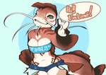 alternate_species anthro biped blue_eyes bottomwear breasts clothed clothed_anthro clothed_female clothing countershade_torso countershading dialogue eyewear female front_view fully_clothed fully_clothed_anthro fully_clothed_female glasses navel non-mammal_breasts non-mammal_navel pink_body pink_skin pink_tail simple_background solo speech_bubble standing tail text topwear cocoline_(artist) lin_(cocoline) catfish fish marine 2025 absurd_res digital_media_(artwork) english_text hi_res