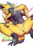 abstract_background anthro black_body black_fur blue_body blue_fur blue_pawpads breasts crouching female fur genitals looking_at_viewer low-angle_view nude pawpads pink_eyes pose pussy solo spread_legs spreading yellow_body yellow_fur kicktyan nintendo pokemon felid generation_7_pokemon legendary_pokemon mammal pokemon_(species) zeraora 2018 hi_res pinup