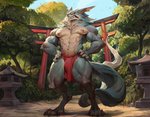 anthro asian_clothing bonifasko bulge canid canine canis clothing east_asian_clothing fundoshi japanese_clothing male mammal muscular muscular_anthro muscular_male nipples solo underwear wolf