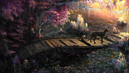 amazing_background ambiguous_gender black_body black_fur bridge crystal day detailed_background digitigrade feral fur leaf leopard_spots lily_pad markings melanistic outside plant quadruped scenery_porn sitting solo spots spotted_body spotted_fur tree water bjpentecost felid feline leopard mammal pantherine 16:9 2021 detailed digital_media_(artwork) widescreen