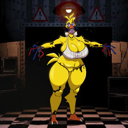 anthro avian_feet beak big_breasts bottomless breasts cheek_tuft cleavage clothed clothing crotch_tuft eyelashes facial_tuft feathers featureless_crotch female front_view head_feathers head_tuft huge_breasts looking_at_viewer machine navel purple_eyes sharp_teeth slightly_chubby solo tail tail_feathers teeth text text_on_clothing text_on_topwear thick_thighs topwear tuft white_clothing white_topwear wide_hips wire yellow_body yellow_feathers gallo_wazavi five_nights_at_freddy's five_nights_at_freddy's_2 scottgames withered_chica_(fnaf) animatronic avian bird chicken galliform phasianid robot 1:1 hi_res