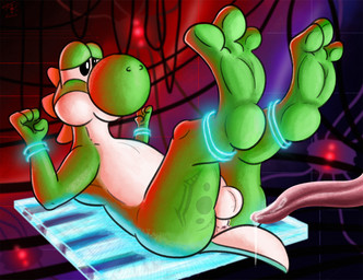 3_toes 4_fingers anthro anus balls barefoot bdsm black_eyes bondage bound butt detailed_background duo feet fingers foot_focus genitals green_body green_scales hindpaw imminent_anal imminent_sex laboratory lying machine male on_back paws penis puffy_anus scales science soles solo_focus tattoo toes worried fol mario_bros nintendo core_collapse dinosaur green_yoshi prehistoric_species reptile robot scalie yoshi 2020 hi_res