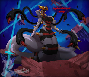 4_arms anthro apode areola barbell_piercing big_breasts breasts curvy_figure dialogue female genitals hand_behind_head legless long_body long_neck multi_arm multi_limb navel navel_piercing nipple_piercing nipples piercing pokemorph scales serpentine solo speech_bubble spikes tentacles text vulva emmet_twunks nintendo pokemon draconcopode generation_4_pokemon giratina legendary_pokemon origin_forme_giratina pokemon_(species) scalie english_text hi_res