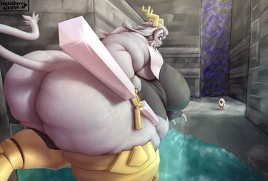 anthro big_breasts big_butt black_clothing black_shirt black_topwear blue_eyes bottomless breasts butt clothed clothing dream_breaker_(pseudoregalia) egg fat_arms female fingerless_gloves gloves grey_body grey_hair hair handwear holding_object holding_weapon horn huge_breasts huge_butt huge_thighs leg_armor obese obese_female overweight overweight_female rear_view running shirt tail tail_tuft thick_thighs topwear tuft weapon wenisberry pseudoregalia sybil_(pseudoregalia) bovid caprine felid feline goat half-hatched_egg_(pseudoregalia) lagomorph leporid mammal rabbit 2024 hi_res signature