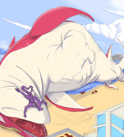 abdominal_bulge after_vore ambiguous_gender beach belly big_belly building cloud feral feral_pred house lying macro on_front on_side purple_body red_body sand sea vore water magic_idiot aquatic cetacean mammal toothed_whale whale 2025 hi_res