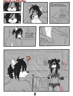 anthro black_hair black_nose clothing dirty female fur grey_body grey_fur hair pink_body pink_nose simple_background solo text white_body white_fur allartskye kia_(allartskye) skye_(allartskye) american_opossum canid canine canis mammal marsupial wolf comic hi_res url