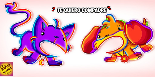 anthro duo humor jewelry male necklace orange_body purple_body simple_background tail text rocketlennon mob_entertainment poppy_playtime smiling_critters catnap_(poppy_playtime) dogday_(poppy_playtime) canid canine canis domestic_cat domestic_dog felid feline felis mammal hi_res spanish_text