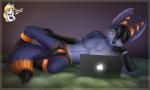 2017 :3 absurd_res anthro apple_inc. apple_macintosh arctic_fox arm_in_front arm_support arms_bent bent_legs black_hair blue_body blue_fur blush boxer_briefs boxers_(clothing) bulge canid canine clothed clothing computer countershading digital_media_(artwork) electronics emoticon fennec_fox fox fur hair hand_on_head hand_on_leg hand_on_own_head hand_on_own_leg hand_on_own_thigh hand_on_thigh head_on_hand hi_res holding_head holding_leg holding_thigh laptop leaning_on_elbow looking_at_computer looking_at_laptop looking_at_object lying macbook male mammal multicolored_body multicolored_fur multicolored_tail on_side orange_body orange_fur pinup planted_leg pose raised_hand short_snout sidni sidnithefox simple_background smaller_version_at_source smile snout solo stack_(character) tail tail_on_leg topless touching_head touching_own_head true_fox tucked_arm tuft underwear uwu white_body white_fur wide_eyed