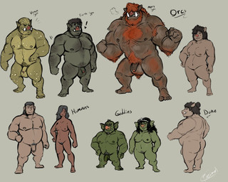 anthro balls belly black_hair breasts brown_body butt female flaccid foreskin genitals green_body group hair male moobs nipples overweight overweight_male partially_retracted_foreskin penis pubes simple_background text desertb0ar human humanoid mammal orc 2021 5:4 english_text hi_res