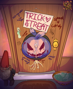 bodily_fluids butt butt_focus condom cum cum_in_ass cum_in_vagina cum_inside cum_on_butt female fur garden_gnome genital_fluids genitals glory_hole holidays public_use purple_body purple_fur sexual_barrier_device short_tail tail through_wall unused_condom vulva vivianne_aleksander_x halloween gnome_chompski hi_res