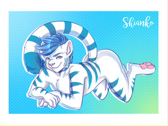 4_toes 5_fingers all_fours anthro arms_bent bent_legs biped blue_eyebrows blue_hair blue_stripes blue_tail_tip border butt casual_nudity cheek_tuft chest_tuft claws closed_smile dipstick_tail dotted_background eyebrows facial_tuft feet finger_claws fingers fur hair hand_pawpads hands_together inner_ear_fluff lidded_eyes light long_tail male male_anthro markings mouth_closed multicolored_body multicolored_fur nude_anthro nude_male pattern_background pink_inner_ear pink_nose short_hair simple_background slim_anthro slim_male smile solo striped_body striped_fur striped_markings striped_tail stripes tail tail_markings text toe_claws toes tuft two_tone_body two_tone_fur two_tone_tail white_body white_border white_claws white_fur white_inner_ear_fluff white_sclera yellow_eyes shianko leaf_mcsynte felid mammal pantherine tiger 2019 4:3 artist_name colored digital_drawing_(artwork) digital_media_(artwork) english_description full-length_portrait lighting portrait shaded
