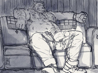 anthro arm_hair balls bedding belly belly_hair beverage big_penis blanket bodily_fluids body_hair boots bottomwear chest_hair clock clothed clothing cum cum_drip dripping erection footwear furniture genital_fluids genitals hairy hairy_balls happy_trail male mature_male musclegut muscular muscular_male navel nipples open_bottomwear open_clothing open_pants pants pecs penis plaid shoes sitting slightly_chubby sofa solo topless watch hyprknetc bear mammal 2021 greyscale hi_res monochrome