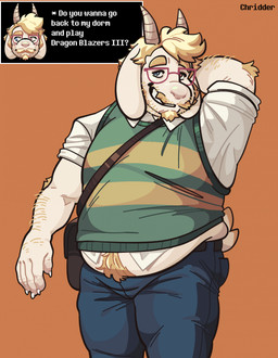 anthro arm_hair arm_tuft belly belly_hair blonde_hair body_hair dialogue elbow_tuft eyewear facial_hair fur glasses hair happy_trail heterochromia horn male overweight overweight_male solo text text_box tuft white_body white_fur chridder deltarune undertale undertale_(series) asriel_dreemurr bovid caprine goat mammal english_text hi_res