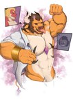 anthro beard brown_hair clothing facial_hair hair horn looking_at_viewer male muscular muscular_male nipples pecs pose purple_eyes smile tongue yellow_eyes chenxiao_bull mythology winston_(vaanxdragon) bovid bovine cattle dragon mammal mythological_creature mythological_scalie scalie hi_res