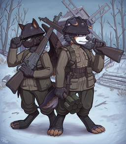 anthro armor claws clothing duo gun headgear helmet knife looking_at_viewer ranged_weapon rifle snow standing uniform weapon winchester_1895 goobone canid canine hybrid mammal hi_res
