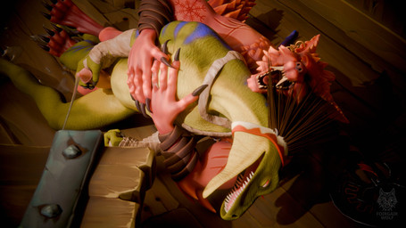 anthro anthro_on_anthro armor aroused axe barbarian bodily_fluids close-up corner cum cum_in_ass cum_inside cum_spill duo ear_piercing ejaculation floor genital_fluids genitals green_body green_skin male male/male penetration penile penile_penetration penis piercing public public_sex red_body red_skin sex tavern tribal weapon wood wood_floor foirgairwolf mythology howlark_(foirgairwolf) canid canine lizard lizardman mammal mythological_canine mythological_creature reptile scalie werecanid werecanine werecreature werewolf 16:9 3d_(artwork) 4k absurd_res blender_(artwork) blender_cycles_(artwork) digital_media_(artwork) hi_res story story_at_source story_in_description widescreen
