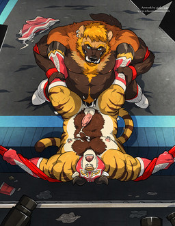 anal anal_orgasm anal_penetration anthro anthro_on_anthro balls beard biceps black_nose blonde_hair blue_eyes bodily_fluids brown_body brown_fur clothing cloven_hooves competition cum cum_in_ass cum_inside cum_while_penetrated cumshot duo ear_piercing ejaculation erection eyes_closed facial_hair facial_piercing fangs fighting_ring footwear fur genital_fluids genitals gloves hair hands-free handwear hooves horn humanoid_genitalia humanoid_penis legs_up male male/male male_penetrated male_penetrating male_penetrating_male mask musclegut muscular muscular_male nipple_piercing nipples nose_piercing nude open_mouth orgasm orgasm_face pecs penetration penis piercing pink_nose septum_piercing sex sexual_competition sexual_fight stripes teeth vein white_body white_fur wrestler wrestling wfa demitri_(zerostar) tarke bovid bovine cattle felid gulonine hybrid mammal mustelid musteline pantherine tiger wolverine digital_media_(artwork)