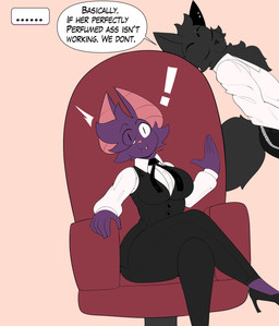 5_fingers anthro big_breasts bottomwear breasts chair clothed clothing collared_shirt crossed_legs cute_fangs dialogue dress_shirt duo ellipsis emanata exclamation_point eyebrow_slit eyebrows eyes_closed fangs female fingers footwear fur furniture hair hair_over_eye high_heels male pants purple_body purple_fur shirt shoes simple_background sitting smile speech_bubble tail tan_background teeth text thick_thighs topwear vest wallet_chain wide_eyed blazethefox blaze_(blazethefox) lacy_(blazethefox) bat canid canine fox mammal 2025 absurd_res english_text hi_res