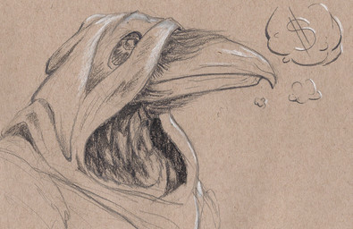 ambiguous_gender anthro beak beak_closed clothed clothed_ambiguous clothed_anthro clothing front_view hood looking_aside mouth_closed paper_background solo thought_bubble topwear deriaz dungeons_and_dragons hasbro wizards_of_the_coast avian kenku 2014 bust_portrait graphite_(artwork) monochrome portrait sepia traditional_media_(artwork)