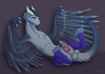 animal_genitalia animal_penis balls clothing erection feathered_wings feathers feet feral genitals horn knot knotted_penis legwear looking_at_viewer lying male on_back pawpads paws penis sheath simple_background smile solo spread_legs spreading stockings tail toes wings caraluca european_mythology mythology dragon mythological_creature mythological_scalie scalie western_dragon wyvern absurd_res digital_media_(artwork) hi_res