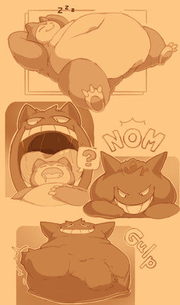 ambiguous_gender butt digestion duo onomatopoeia oral_vore sleeping sound_effects swallowing text vore watagenodebi nintendo pokemon generation_1_pokemon gengar ghost pokemon_(species) snorlax spirit absurd_res comic hi_res sequence sketch