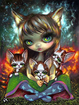 ambiguous_gender bangs brown_body brown_fur brown_hair clothing dress eyebrows eyelashes female feral footwear fur grass green_clothing green_dress green_eyes group hair lips long_hair looking_at_viewer makeup plant pupils sitting socks tail whiskers jasmine_becket-griffith animal_humanoid cat_humanoid domestic_cat felid felid_humanoid feline feline_humanoid felis humanoid mammal mammal_humanoid 2024 dated formal_art painting_(artwork) traditional_media_(artwork) traditional_painting_(artwork)