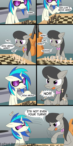 ambiguous_gender black_hair blue_hair bow_(feature) bow_tie bowed_string_instrument cello chess dialogue duo eyewear female feral gaming hair horn long_hair multicolored_hair musical_instrument purple_eyes string_instrument sunglasses text two_tone_hair loceri friendship_is_magic hasbro my_little_pony mythology octavia_(mlp) vinyl_scratch_(mlp) earth_pony equid equine horse mammal mythological_creature mythological_equine pony unicorn 2013 absurd_res comic english_text hi_res