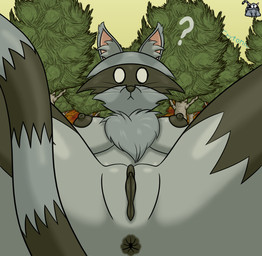 anthro anus areola black_anus black_areola black_body black_fur black_nipples black_vulva breasts chest_tuft ears_up female fur genitals grey_body grey_fur inner_ear_fluff looking_at_viewer lying mouth_closed multicolored_body multicolored_fur nipples on_back outside plant question_mark sky solo tree tuft vulva whiskers white_eyes crytonic don't_starve klei_entertainment domestic_cat felid feline felis hybrid mammal procyonid raccoon hi_res