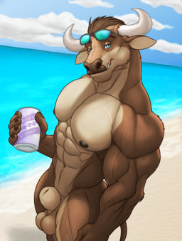 abs animal_genitalia anthro areola balls beach beverage_can biceps body_hair cloud deltoids forearm_muscles genitals happy_trail looking_at_viewer male muscular muscular_anthro muscular_male nipples nude obliques pecs quads sand sheath smile solo standing tear_trough trapezius triceps v-cut vein veiny_muscles water zwolf bovid bovine cattle mammal hi_res