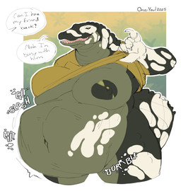 anthro anthro_pred areola belly big_belly big_breasts biped breasts clothed clothing clothing_lift dialogue digestion digestion_noises female female_pred mottled mottled_body navel nipples non-mammal_breasts offscreen_character one_breast_out piebald piebald_body sharp_teeth shirt shirt_lift smile speech_bubble struggling struggling_prey talking_to_another teeth text thick_neck thick_thighs topwear vore ona-yowl alligator alligatorid crocodilian reptile scalie digital_media_(artwork) english_text hi_res