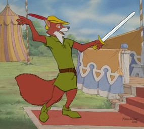 anthro arm_tuft belt carpet cheek_tuft clothed clothing detailed_background elbow_tuft facial_tuft fangs feathers fluffy fluffy_tail fur hat headgear headwear holding_melee_weapon holding_object holding_sword holding_weapon inner_ear_fluff male melee_weapon multicolored_body multicolored_fur open_mouth open_smile raised_arm screencap screencap_background shirt smile solo standing sword tail teeth tent text topwear tuft tunic two_tone_body two_tone_fur weapon richard_foley disney robin_hood_(disney) robin_hood canid canine fox mammal red_fox true_fox 2018