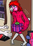 anthro awkward_smile blue_eyes blush box christmas_present clothing cold container covering covering_crotch covering_self door electronics feathers feet footwear gift gift_box hair holding_object holidays inside knock-kneed male navel night nipples nude phone phone_camera pink_body pink_feathers puddle red_hair shaking shivering shoes smile snowing_outside solo tail talons toes wet wet_body wet_feathers window himitsu christmas pan_(birbpan) avian hi_res