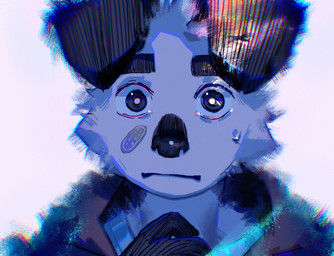 anthro bandage bandage_on_face black_clothing black_eyes black_jacket black_topwear bodily_fluids clothing floppy_ears jacket looking_at_viewer male overwhelmed simple_background solo sweat sweatdrop topwear white_background hemuchang shin_(hemuchang) canid canine canis domestic_dog mammal 2022 hi_res
