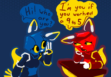 4_fingers anthro blue_background blue_body clothing duo facial_tuft female fingers furniture hat headgear headwear humor machine markings mascot multicolored_ears open_mouth red_body simple_background speech_bubble table tail text tuft visor_cap yellow_eyes yellow_tail bup_up e621 esix android felid feline mammal robot robot_anthro digital_media_(artwork) english_text
