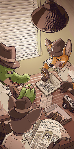 anthro black_nose brown_body brown_fur camera chair closed_smile clothed clothing fur furniture green_body group hat headgear headwear inside lamp logo male male_anthro mouth_closed open_mouth orange_body orange_fur paper red_tongue sitting smile table tongue tongue_out topwear whiskers white_body white_clothing white_fur white_topwear pandapaco canid canine crocodile crocodilian fox mammal reptile scalie artist_logo hi_res signature