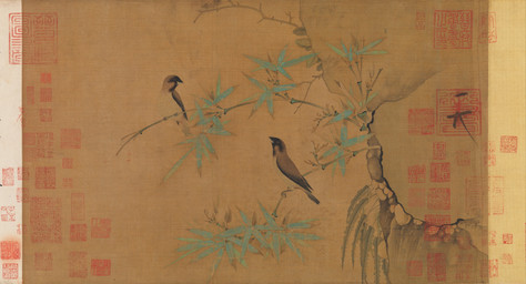 ambiguous_feral ambiguous_gender avian_feet bamboo bamboo_tree beak biped bipedal_feral branch cjk_character duo feathered_wings feathers feet feral leaf looking_aside on_branch plant scuted_feet scutes side_view simple_background standing tail tail_feathers talons toes tree wings emperor_huizong_of_song public_domain avian bird finch oscine passerine 12th_century absurd_res ancient_art hi_res painting_(artwork) traditional_media_(artwork) traditional_painting_(artwork)