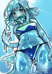 2022 after_transformation bikini bikini_bottom bikini_top blue_body blush bodily_fluids breasts clothing crying day female goo-connected_lips goo_creature goo_humanoid goo_transformation hair hi_res humanoid humanoid_pointy_ears not_furry open_mouth outside pointy_ears solo swimwear tears tongue tongue_out toribako transformation two-piece_swimsuit water