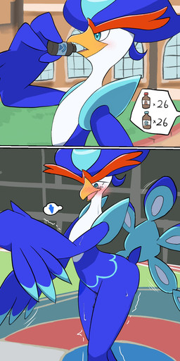 ambiguous_gender anthro beak blue_body blush bodily_fluids crying detailed_background drinking gender_symbol genital_fluids male_symbol omorashi peeing shaking solo symbol tears trembling urine wings milklemon5127 nintendo pokemon generation_9_pokemon pokemon_(species) quaquaval comic hi_res