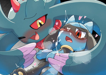 animal_genitalia animal_penis anthro biped black_body blue_body blush blush_lines blushing_profusely bodily_fluids breath censor_bar censored_genitalia censored_penis cum cum_on_face cum_on_own_face cum_on_self dominant dominant_female duo female genital_fluids genitals grey_body handjob heart_in_pupils heart_symbol hearts_around_head looking_pleasured lying male male_anthro multicolored_body on_back one_eye_closed open_mouth open_smile pawpads penile penis plantigrade prehensile_hair red_eyes red_sclera sex shaking small_penis smile tapering_penis three-quarter_view tremble_spikes trembling two_tone_body yellow_eyes yellow_pawpads lucky777 nintendo pokemon ancient_pokemon flutter_mane generation_4_pokemon generation_9_pokemon paradox_pokemon pokemon_(species) riolu 2026 absurd_res censored digital_drawing_(artwork) digital_media_(artwork) hi_res shaded soft_shading